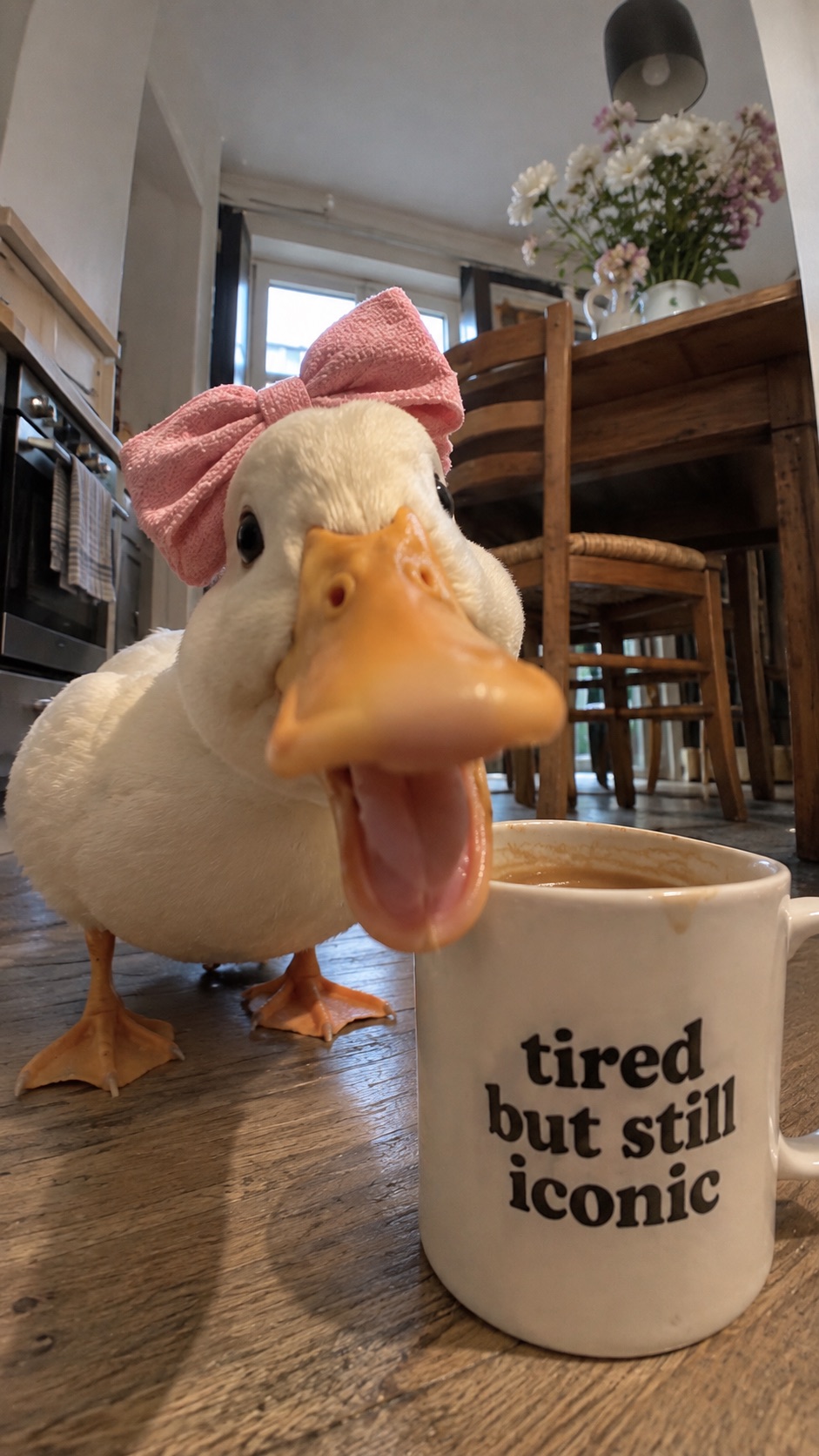 Duck with a pink bow next to the mug on a kitchen floor