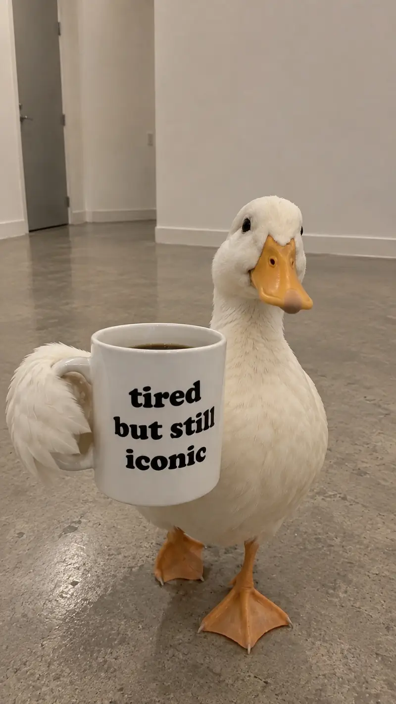 The duck holding the mug with her wing and looking at the camera