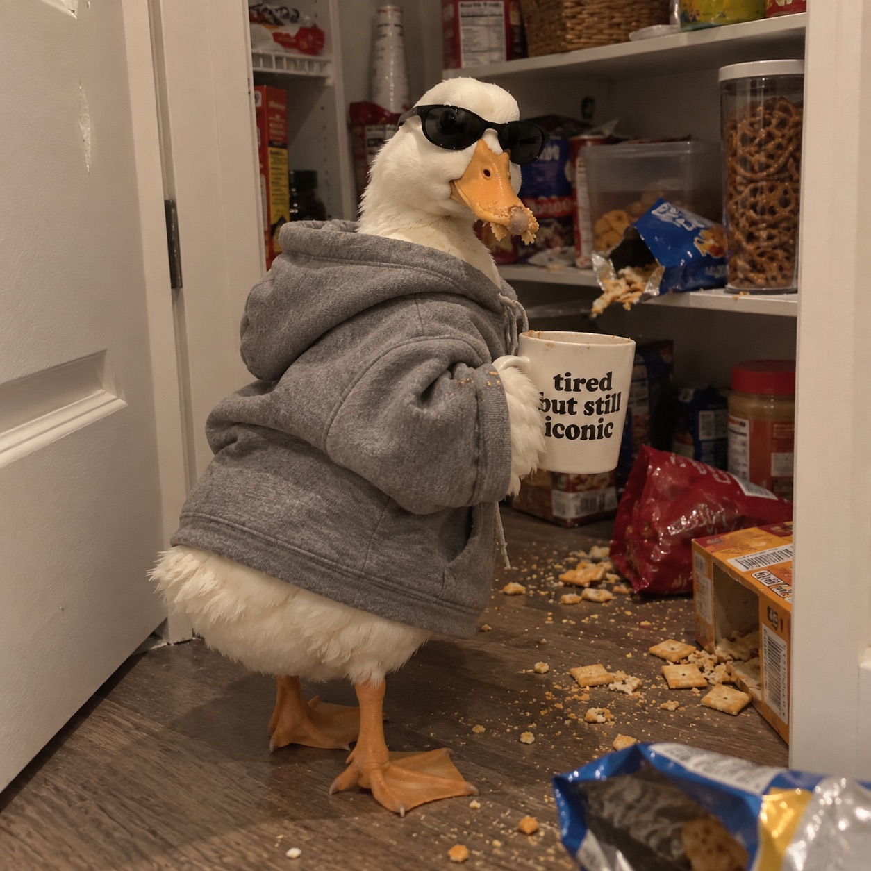 White duck in a grey hoodie and sunglasses holding the mug in a messy pantry