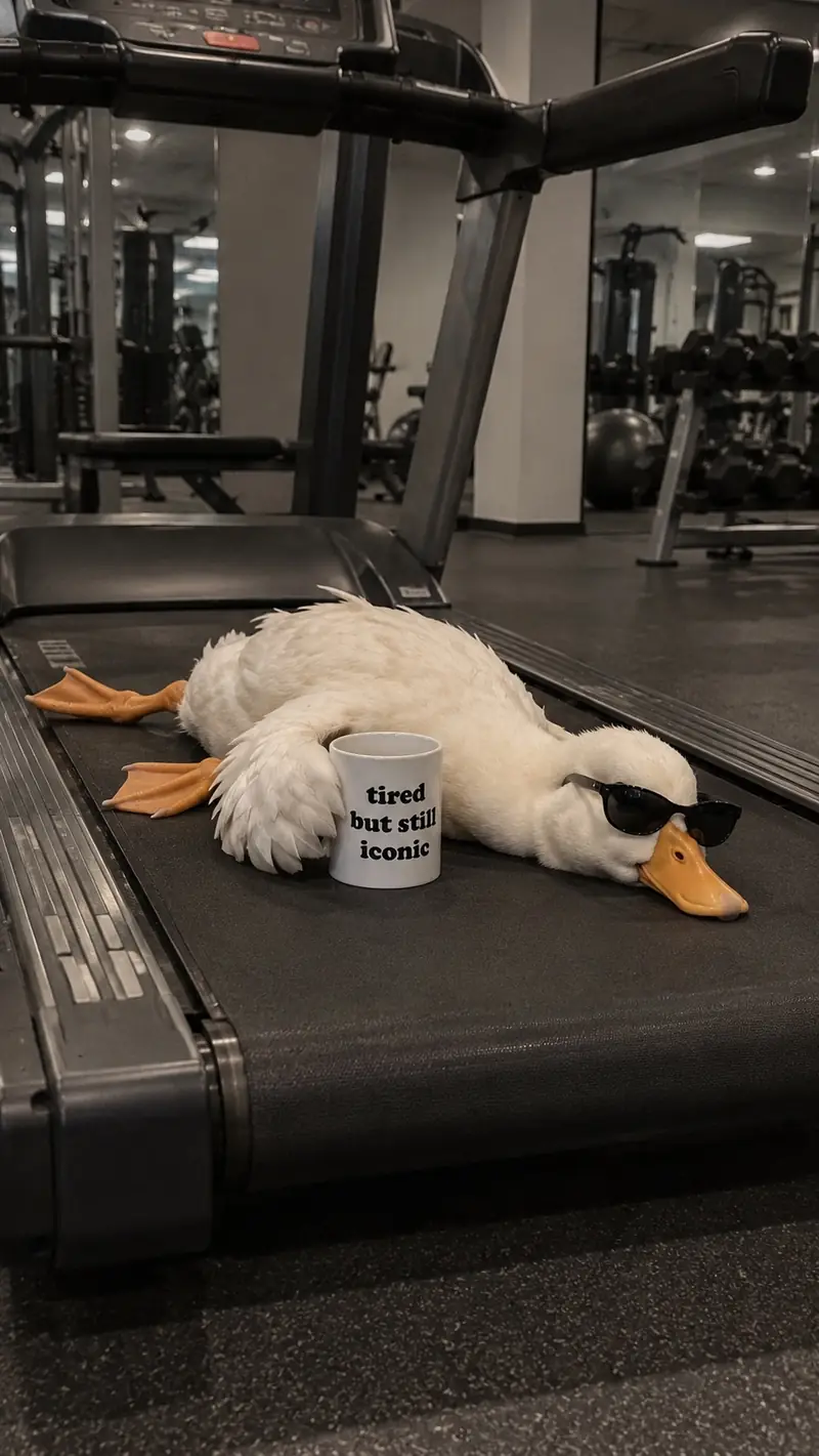 The duck in sunglasses lying on a gym treadmill next to the mug