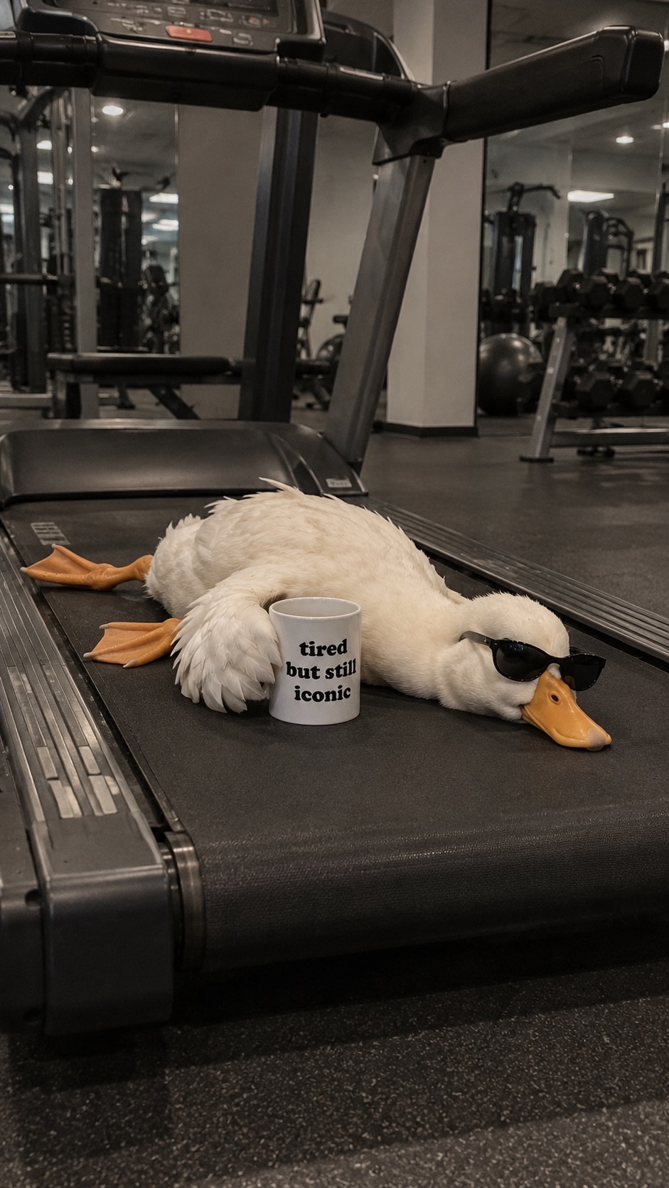 The duck in sunglasses lying on a gym treadmill next to the mug