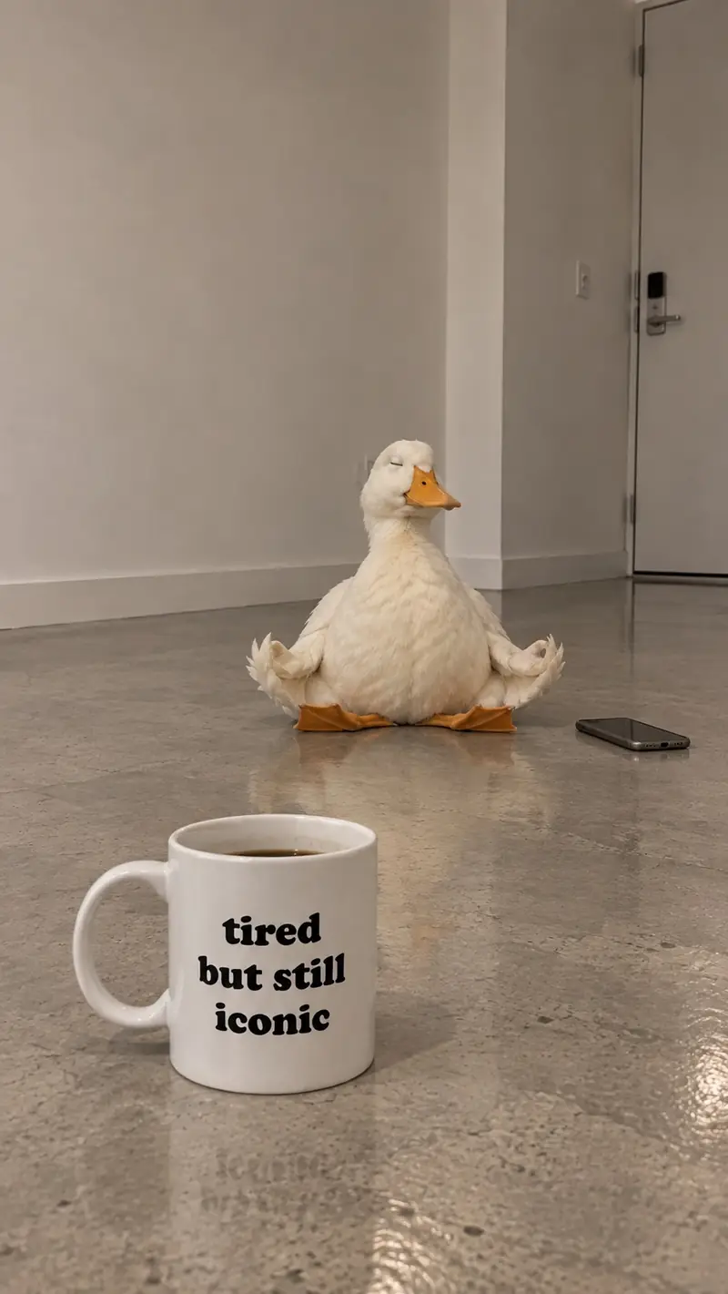 The duck meditating on the floor behind the mug